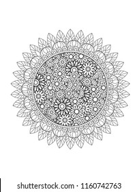 Floral mandala pattern in black and white. Adult coloring book page with flowers and mandalas. Oriental pattern, vintage decorative elements. . Hand drawn vector illustration