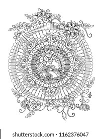 Floral mandala pattern in black and white. Adult coloring book page with flowers and mandalas. Oriental pattern, vintage decorative elements. . Hand drawn vector illustration