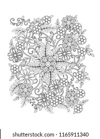 Floral mandala pattern in black and white. Adult coloring book page with flowers and mandalas. Oriental pattern, vintage decorative elements. . Hand drawn vector illustration