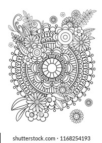 Floral mandala pattern in black and white. Adult coloring book page with flowers and mandalas. Oriental pattern, vintage decorative elements. . Hand drawn vector illustration