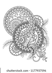 Floral mandala pattern in black and white. Adult coloring book page with flowers and mandalas. Oriental pattern, vintage decorative elements. . Hand drawn vector illustration