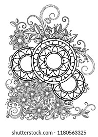 Floral mandala pattern in black and white. Adult coloring book page with flowers and mandalas. Oriental pattern, vintage decorative elements. Hand drawn vector illustration