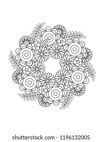 Floral mandala pattern in black and white. Adult coloring book page with flowers and mandalas. Oriental pattern, vintage decorative elements. . Hand drawn vector illustration