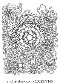 Floral mandala pattern in black and white. Adult coloring book page with flowers and mandalas. Oriental pattern, vintage decorative elements. Hand drawn vector illustration