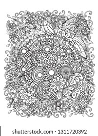 Floral mandala pattern in black and white. Adult coloring book page with flowers and mandalas. Oriental pattern, vintage decorative elements. Hand drawn vector illustration