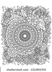 Floral mandala pattern in black and white. Adult coloring book page with flowers and mandalas. Oriental pattern, vintage decorative elements. Hand drawn vector illustration