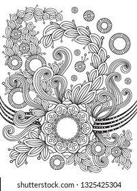 Floral mandala pattern in black and white. Adult coloring book page with flowers and mandalas. Oriental pattern, vintage decorative elements. Hand drawn vector illustration