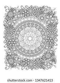 Floral mandala pattern in black and white. Adult coloring book page with flowers and mandalas. Oriental pattern, vintage decorative elements. Hand drawn vector illustration