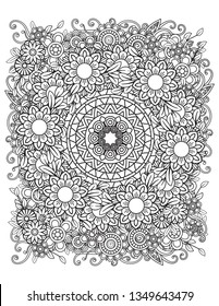 Floral mandala pattern in black and white. Adult coloring book page with flowers and mandalas. Oriental pattern, vintage decorative elements. Hand drawn vector illustration