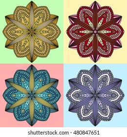 Floral mandala pattern in color versions of green, blue, golden and red. 