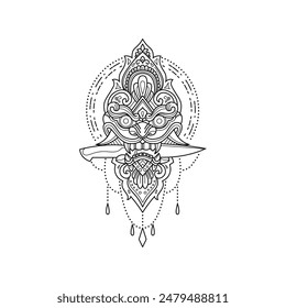 Floral mandala pattern with demon characters. Decorative ornament. Hand drawn vector illustration
