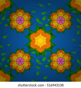 Floral mandala pattern in green, yellow, green on dark blue background. Vector.