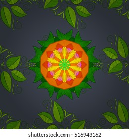 Floral mandala pattern in green, yellow, green on dark background. Vector.