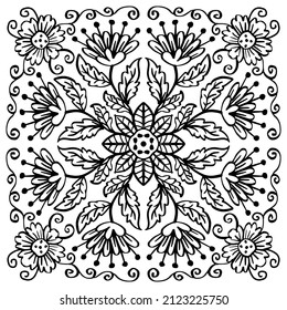 Ilustración de dibujo manual con patrón de mandala floral.