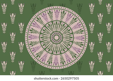 Floral Mandala Pattern with Indian Folk Style on Green Background
