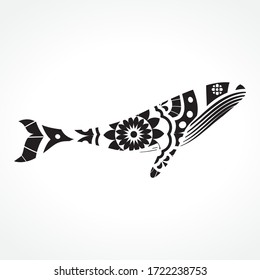 floral mandala pattern inside whale shape, vector