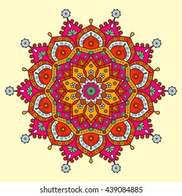 Floral mandala pattern in red, fuchsia pink, orange, light blue and green on pale yellow background.