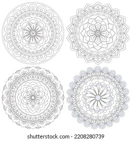 Floral mandala pattern set. Decorative round ornaments with flowers and lace. Coloring book page, vector illustration.