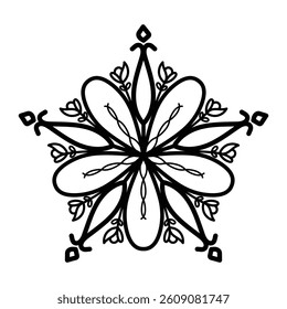 Floral mandala with petal and leaf motifs, designed in bold black outlines. Represents balance, growth, and harmony. Vector format for coloring pages, stickers, tattoos, and decorative design elements