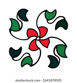 Floral mandala with red petals and green leaves on white background
