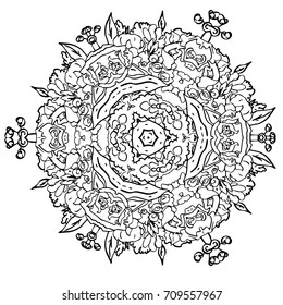 Floral mandala, sacred geometry shape for design, prints, textile, fabric. Ink botanical illustration, graphic abstract background for coloring book pages, wallpapers, interior, decor.