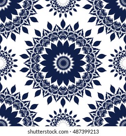 Floral mandala. Seamless. Indian, Islamic, Arabic motifs. Fabric or wrapper design. Ethnic elements. Vector illustration.