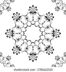 Floral mandala seamless pattern. Black and white vector ornament.