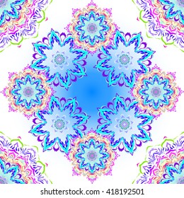 Floral mandala. Seamless pattern. Indian, Islamic, Arabic motifs. Fabric or wrapper design. Ethnic elements. Vector illustration.