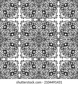 Blumenmandala nahtloses Muster auf schwarz-weiß.