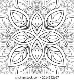 Mandala floral con patrones y formas simples sobre un fondo blanco. Para colorear páginas de libros.