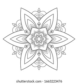 Floral mandala with small decor on white isolated background. Good for coloring book pages.