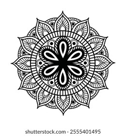 Floral Mandala with Symmetrical Patterns, Detailed Black and White Mandala Illustration, Ornamental Mandala with Floral Accents