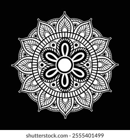 Floral Mandala with Symmetrical Patterns, Detailed Black and White Mandala Illustration, Ornamental Mandala with Floral Accents