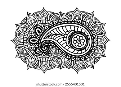 Floral Mandala with Symmetrical Patterns, Detailed Black and White Mandala Illustration, Ornamental Mandala with Floral Accents