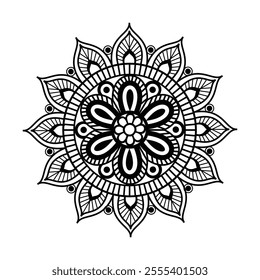 Floral Mandala with Symmetrical Patterns, Detailed Black and White Mandala Illustration, Ornamental Mandala with Floral Accents