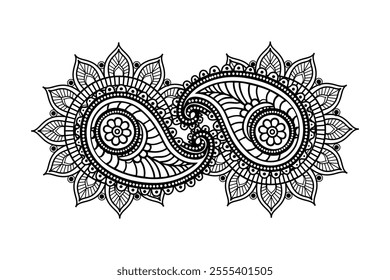 Floral Mandala with Symmetrical Patterns, Detailed Black and White Mandala Illustration, Ornamental Mandala with Floral Accents