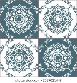 Padrões sem emenda de vetor de azulejos de mandala florais inspirados pela arte de tatuagem Mehndi da Índia. Gerado por não IA. 
Papel de parede repetitivo bonito em turquesa e branco, design de impressão têxtil ou de tecido

