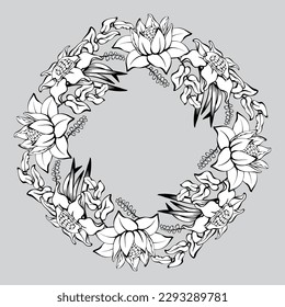 Floral mandala with tropical abstract decorative plants. The hand-drawn black line on a light background. Coloring page for children and adults. Botanical pattern with flowers and leaves. Vector.