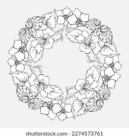 Floral mandala with tropical flowers. Outline botanical pattern. Decorative plants. Hibiscus, orchid. The hand-drawn black line on white. Coloring page for children and adults. Vector illustration.