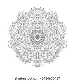 Floral mandala vector drawing, flowers, leaves and buds of plants, esoteric ornament in boho style, coloring book design. Modern printed zentangle doodles.