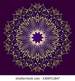 Floral Mandala. Vector Illustration. Repeating Sample Figure And Line. For Fashion Interiors Design, Wallpaper, Textile Industry. Anti-Stress Therapy Pattern. Purple gold color.
