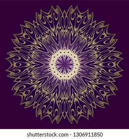 Floral Mandala. Vector Illustration. Repeating Sample Figure And Line. For Fashion Interiors Design, Wallpaper, Textile Industry. Anti-Stress Therapy Pattern. Purple gold color.