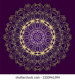 Floral Mandala. Vector Illustration. Repeating Sample Figure And Line. For Fashion Interiors Design, Wallpaper, Textile Industry. Anti-Stress Therapy Pattern. Purple gold color.