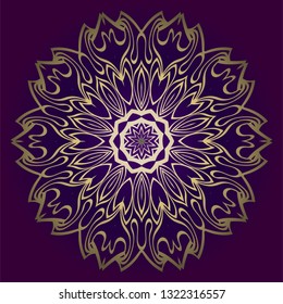 Floral Mandala. Vector Illustration. Repeating Sample Figure And Line. For Fashion Interiors Design, Wallpaper, Textile Industry. Anti-Stress Therapy Pattern. Purple gold color.