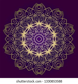 Floral Mandala. Vector Illustration. Repeating Sample Figure And Line. For Fashion Interiors Design, Wallpaper, Textile Industry. Anti-Stress Therapy Pattern. Purple gold color.