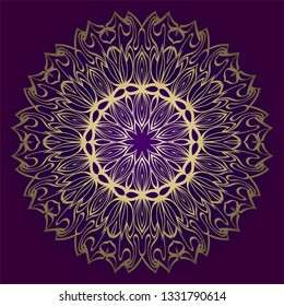 Floral Mandala. Vector Illustration. Repeating Sample Figure And Line. For Fashion Interiors Design, Wallpaper, Textile Industry. Anti-Stress Therapy Pattern. Purple gold color.