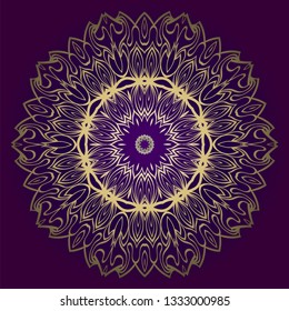 Floral Mandala. Vector Illustration. Repeating Sample Figure And Line. For Fashion Interiors Design, Wallpaper, Textile Industry. Anti-Stress Therapy Pattern. Purple gold color.