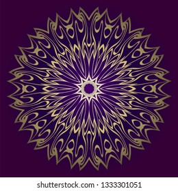Floral Mandala. Vector Illustration. Repeating Sample Figure And Line. For Fashion Interiors Design, Wallpaper, Textile Industry. Anti-Stress Therapy Pattern. Purple gold color.