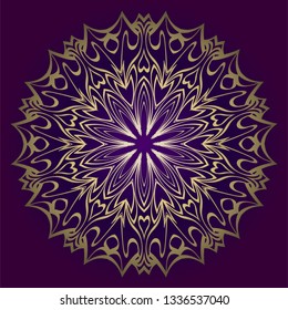 Floral Mandala. Vector Illustration. Repeating Sample Figure And Line. For Fashion Interiors Design, Wallpaper, Textile Industry. Anti-Stress Therapy Pattern. Purple gold color.