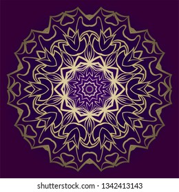 Floral Mandala. Vector Illustration. Repeating Sample Figure And Line. For Fashion Interiors Design, Wallpaper, Textile Industry. Anti-Stress Therapy Pattern. Purple gold color.